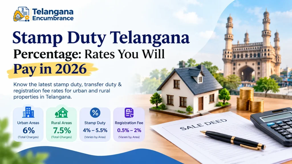 Stamp Duty Telangana Percentage 2026 showing urban and rural stamp duty rates, registration fees, and property charges.