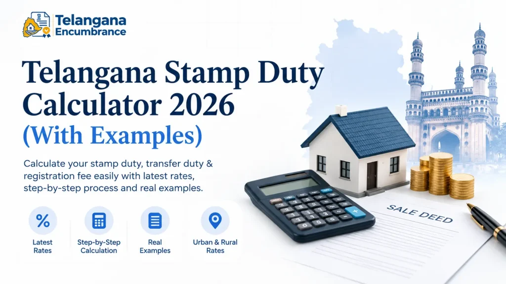 Telangana Stamp Duty Calculator 2026 with stamp duty rates, registration fees, calculator, and property registration examples.