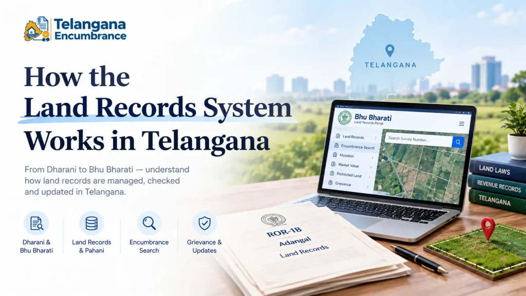 Telangana land records system with Bhu Bharati portal, Dharani, and land documents.