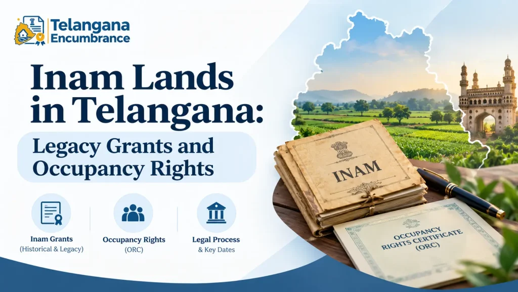 Inam lands in Telangana showing legacy land grants, Occupancy Rights Certificate (ORC), and agricultural land records.