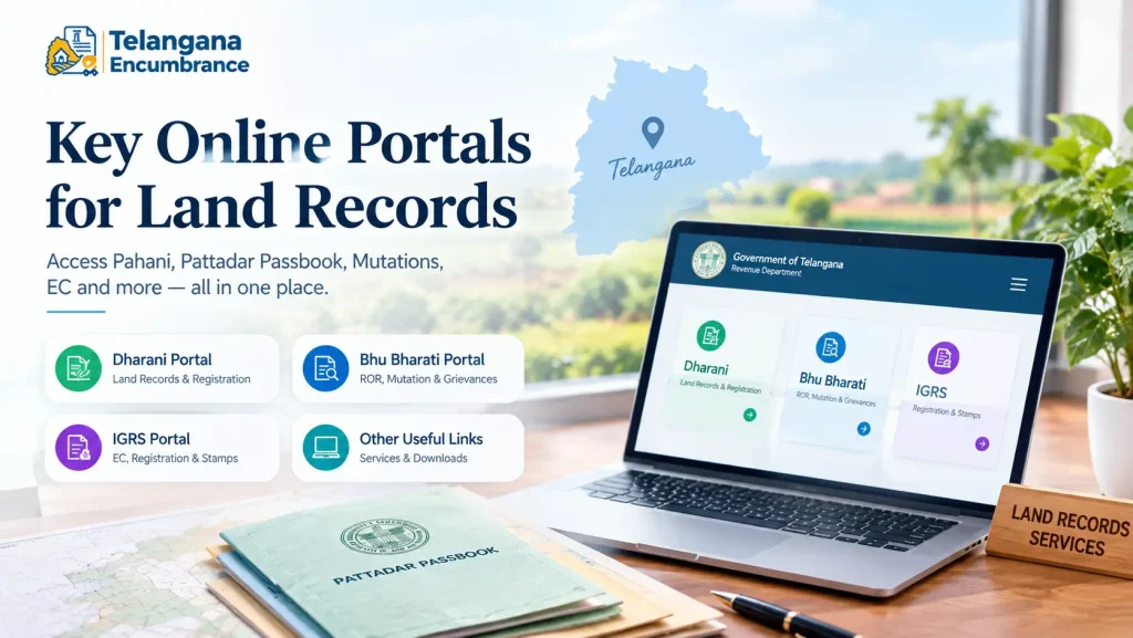 Key online portals for Telangana land records including Dharani, Bhu Bharati and IGRS.