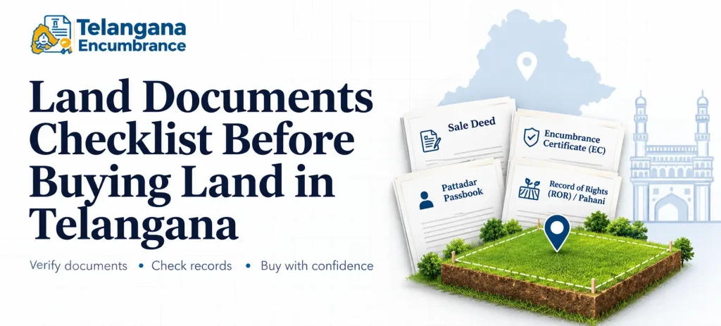 Land Documents Checklist Before Buying Land in Telangana Land documents checklist before buying land in Telangana, including sale deed, encumbrance certificate, Pattadar Passbook, and ROR records