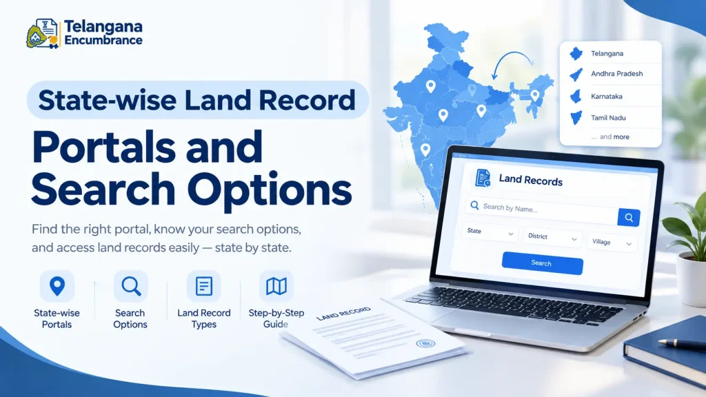 State-wise land record portals and online search options across India.