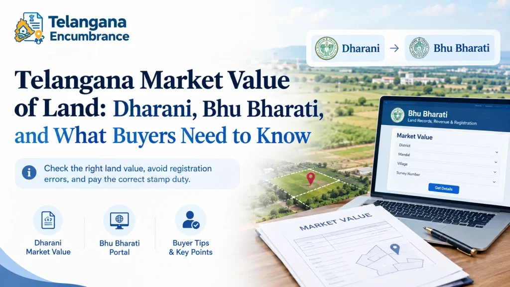 Telangana market value of land guide showing Dharani, Bhu Bharati portal, and land registration details.
