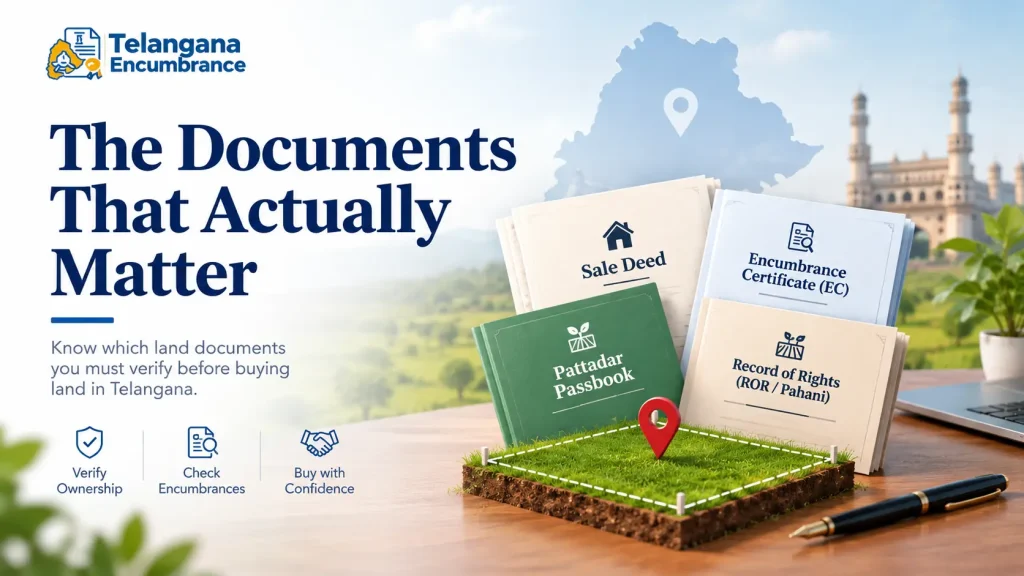 Essential land documents to verify before buying property in Telangana, including Sale Deed, Encumbrance Certificate, Pattadar Passbook, and ROR/Pahani