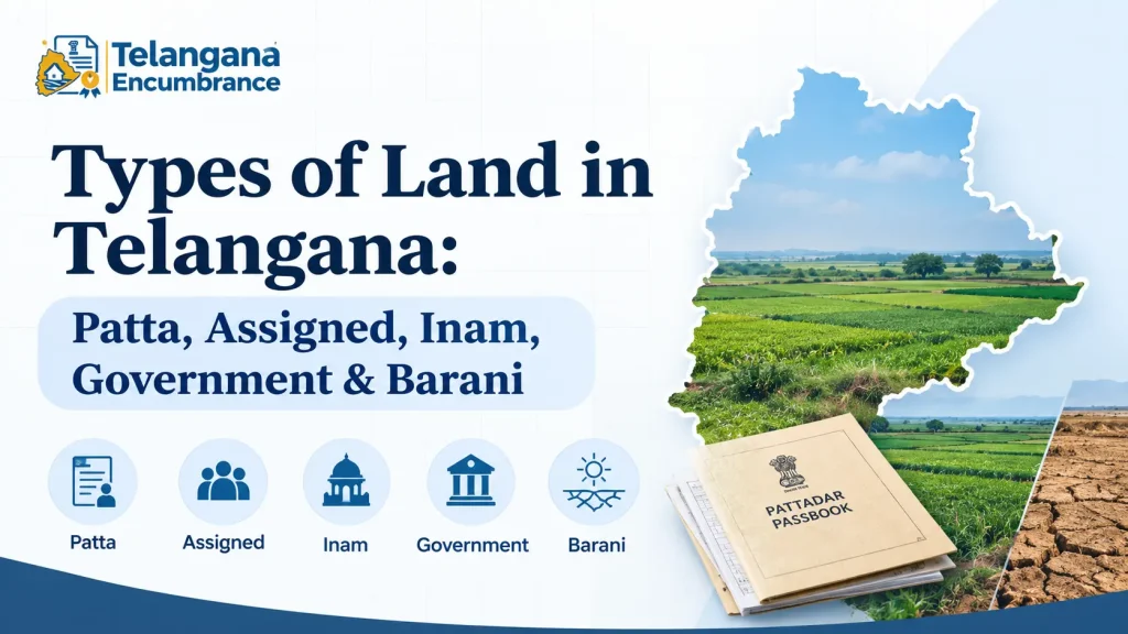 Types of land in Telangana including Patta, Assigned, Inam, Government, and Barani land classifications.
