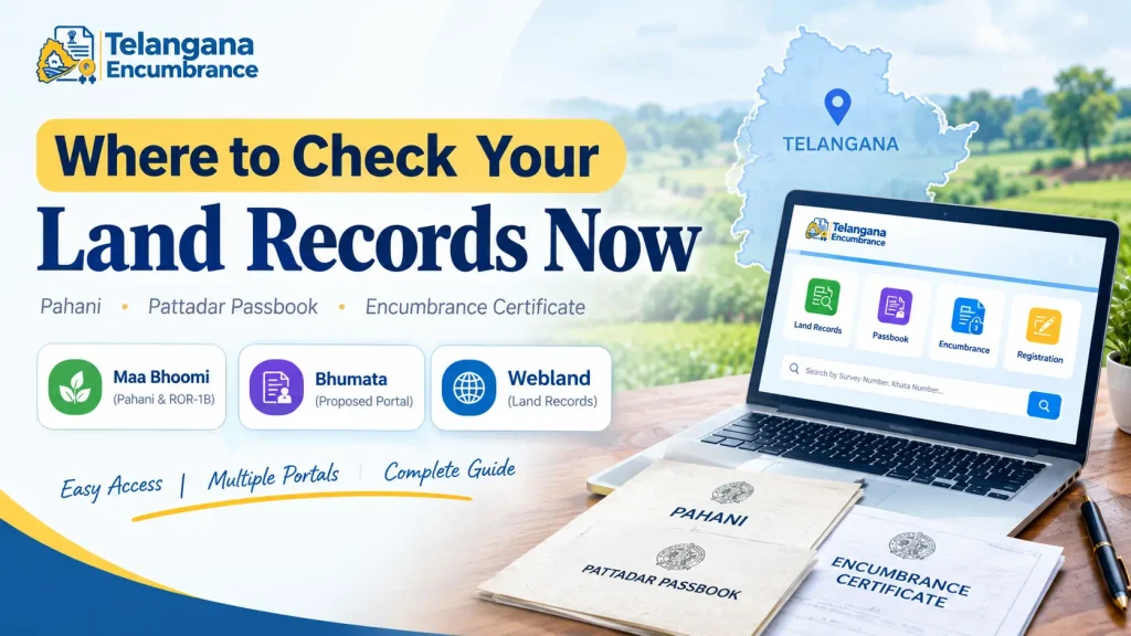 Where to check Telangana land records online including Pahani, Pattadar Passbook and Encumbrance Certificate
